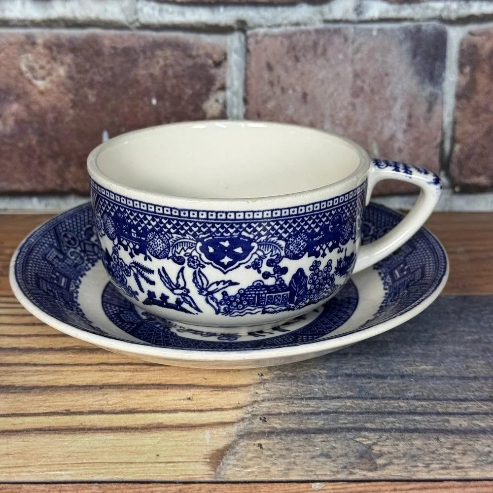 Vintage Homer Laughlin Blue Willow Tea Cup Saucer Transferware USA Blue White